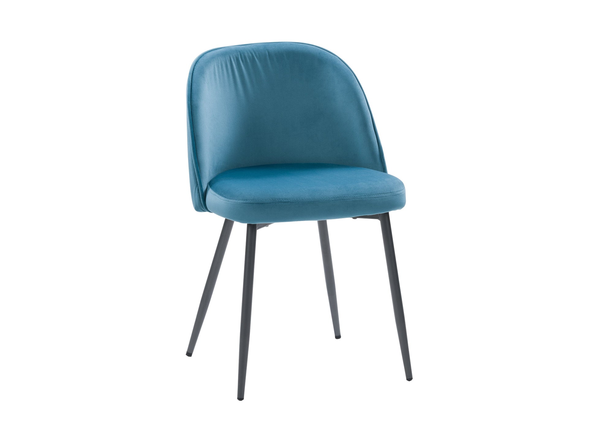 Blue velvet dining chair with gold metal legs, featuring a curved backrest and plush cushioning for comfort. The chair's luxurious velvet upholstery and sleek design make it ideal for modern dining rooms or stylish home offices.