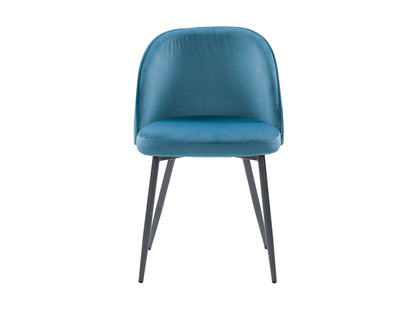 Blue velvet dining chair with gold metal legs, featuring a curved backrest and plush cushioning for comfort. The chair's luxurious velvet upholstery and sleek design make it ideal for modern dining rooms or stylish home offices.