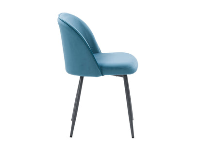 Blue velvet dining chair with gold metal legs, featuring a curved backrest and plush cushioning for comfort. The chair's luxurious velvet upholstery and sleek design make it ideal for modern dining rooms or stylish home offices.