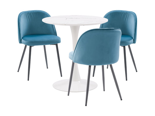 Alt Text: Blue 4-piece bistro dining set with a round table and three matching chairs, featuring a sleek metal frame and weather-resistant fabric, perfect for outdoor patio or garden dining.