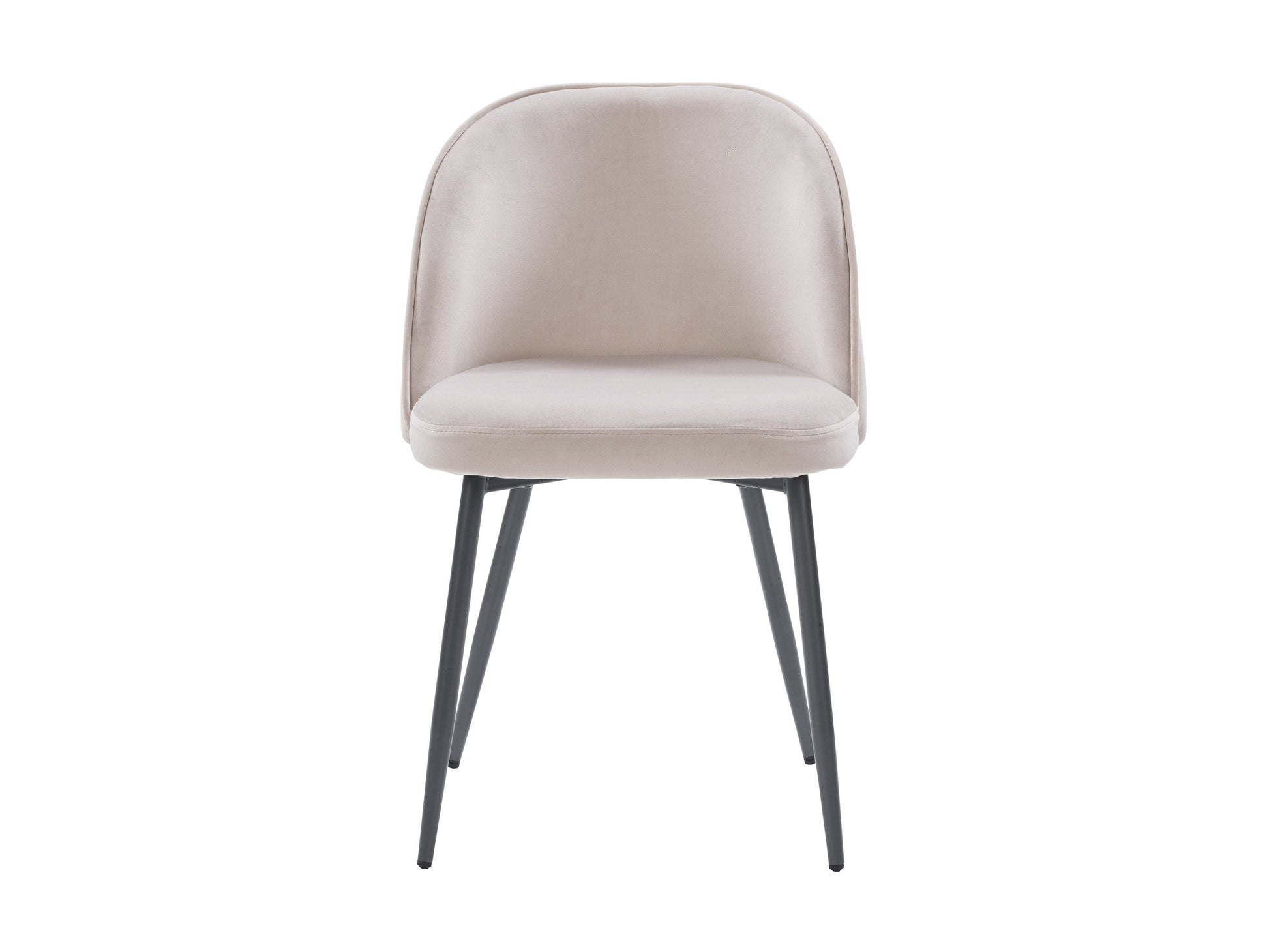 Beige velvet dining chair with gold metal legs, tufted backrest, and curved, modern design.