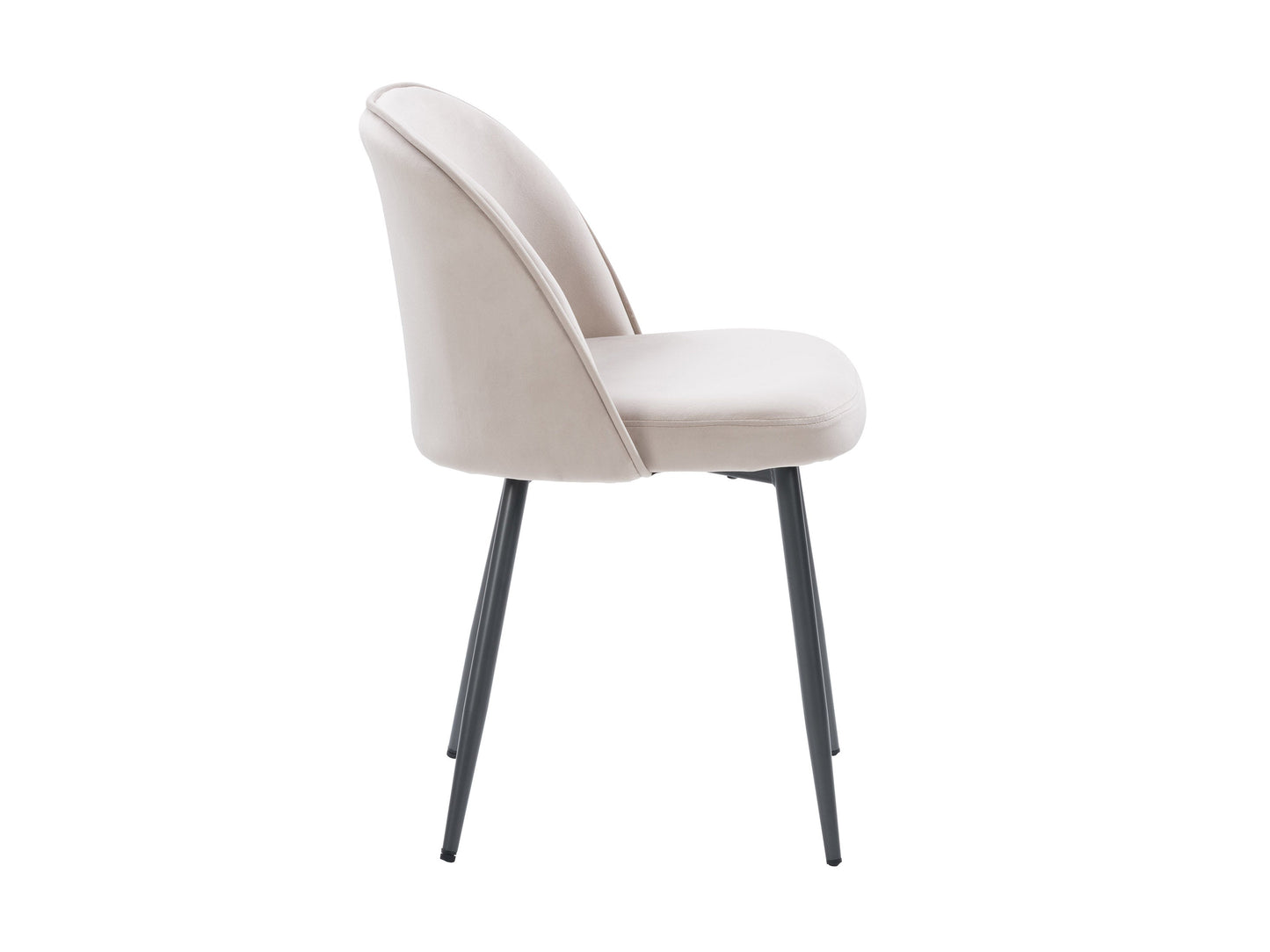 Beige velvet dining chair with gold metal legs, tufted backrest, and curved, modern design.