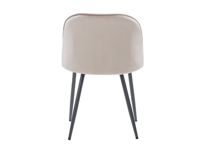 Beige velvet dining chair with gold metal legs, tufted backrest, and curved, modern design.