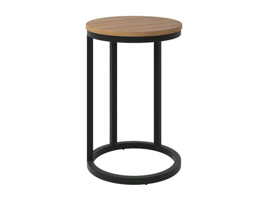 Brown wooden round side table with smooth finish, sturdy tripod legs, and minimalist design; perfect for living rooms or bedrooms.