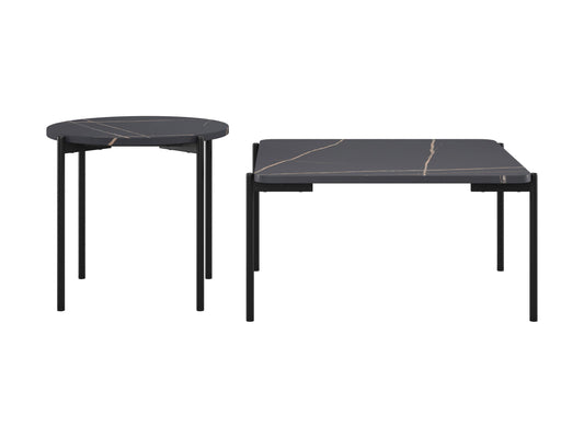 Black marble coffee table set with gold metal frame, featuring a sleek modern design, smooth marble texture, and nested tables for versatile living room decor. Ideal for contemporary interiors.