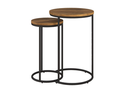 Brown wood round nesting side tables with metal legs, featuring a sleek minimalist design, smooth finish, and versatile functionality. Ideal for living rooms, bedrooms, or offices, offering stylish and practical space-saving solutions.