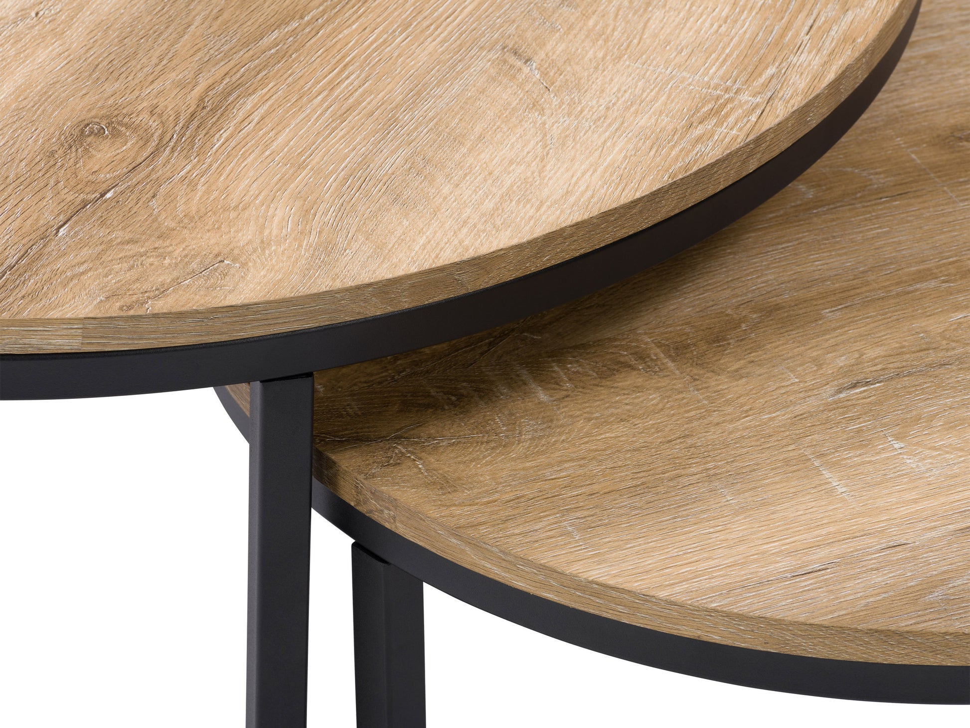 Round nesting coffee tables with black metal frames and wooden tops, featuring a modern design, smooth finish, and space-saving functionality.