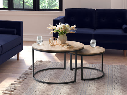 Round nesting coffee tables with a black metal frame and wooden tops, featuring a sleek, modern design. The larger table has a natural wood finish, while the smaller table has a darker wood tone. Perfect for contemporary living rooms.