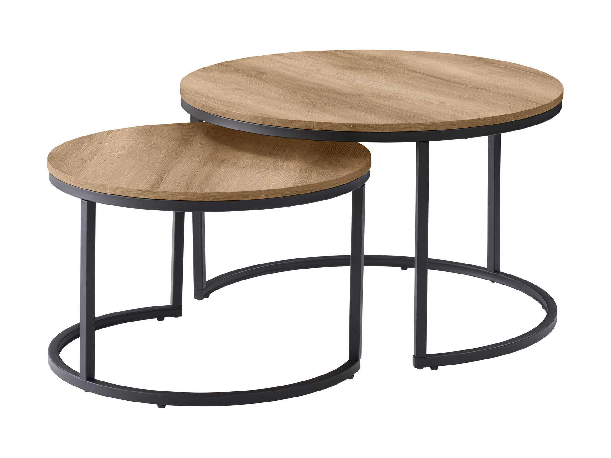 Round nesting coffee tables with black metal frames, natural wood tops, and a modern minimalist design. The smaller table fits under the larger one, offering space-saving functionality and stylish versatility.