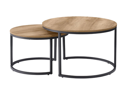 Dark wood round nesting coffee tables with metal frames, featuring a sleek modern design and versatile functionality for living spaces.