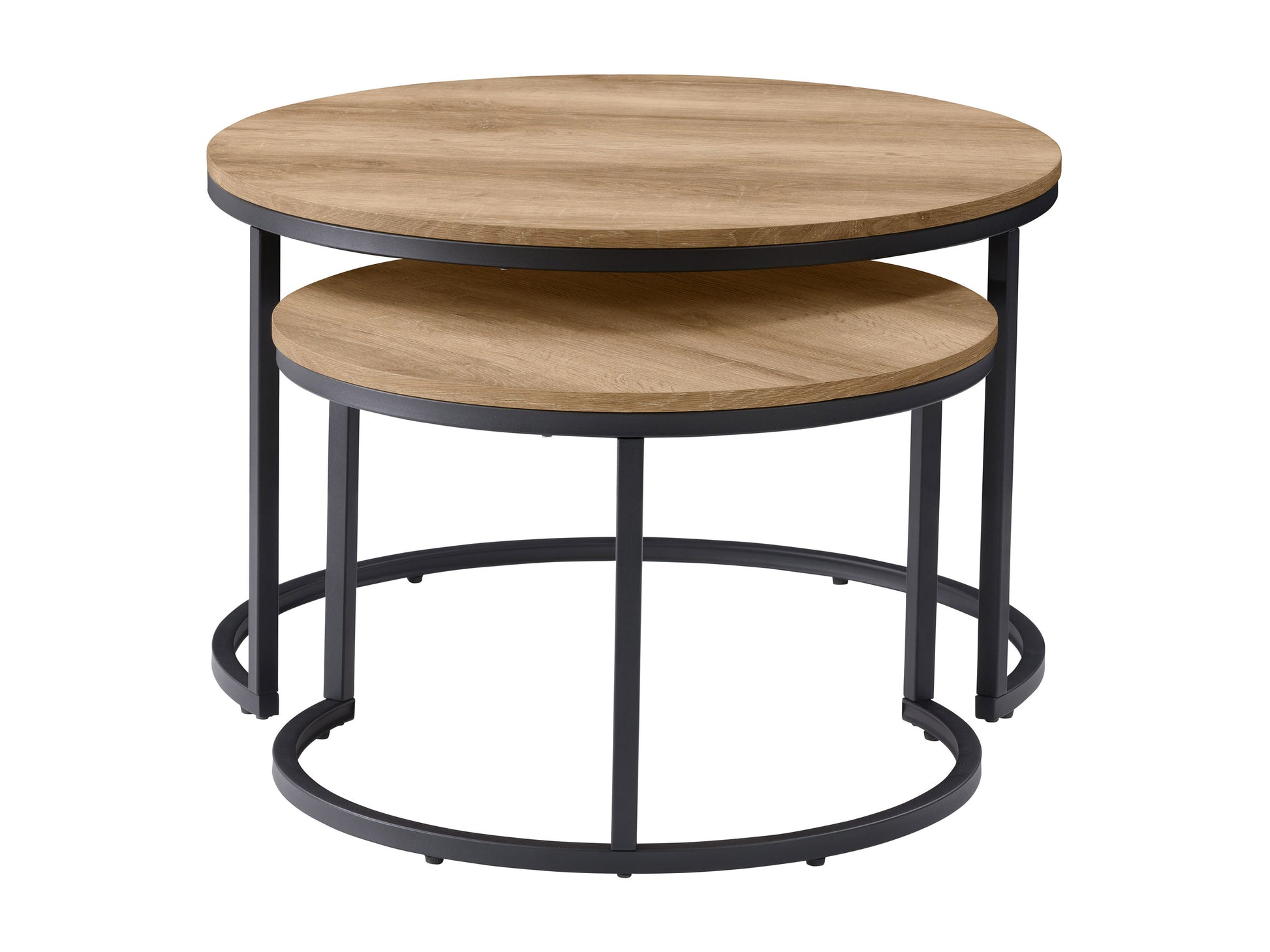 Modern round nesting coffee tables with sleek black metal frames and rustic wood tops, featuring a space-saving design for contemporary living rooms.