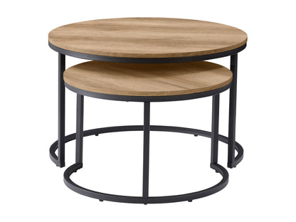 Modern round nesting coffee tables with sleek black metal frames and rustic wood tops, featuring a space-saving design for contemporary living rooms.