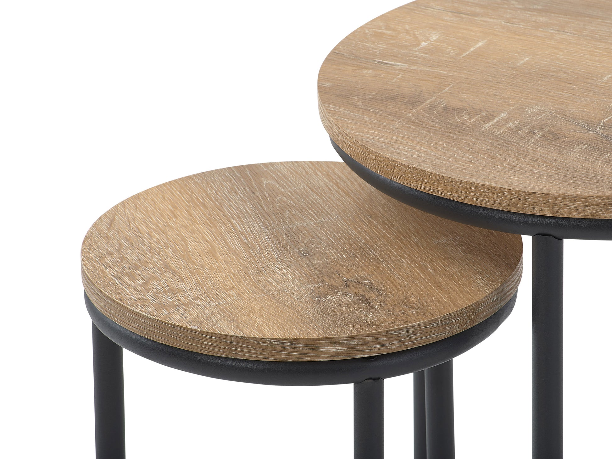 Round nesting side tables with a sleek black metal frame and smooth wooden tops. The smaller table fits under the larger one, offering space-saving functionality and modern design. Ideal for living rooms or offices.