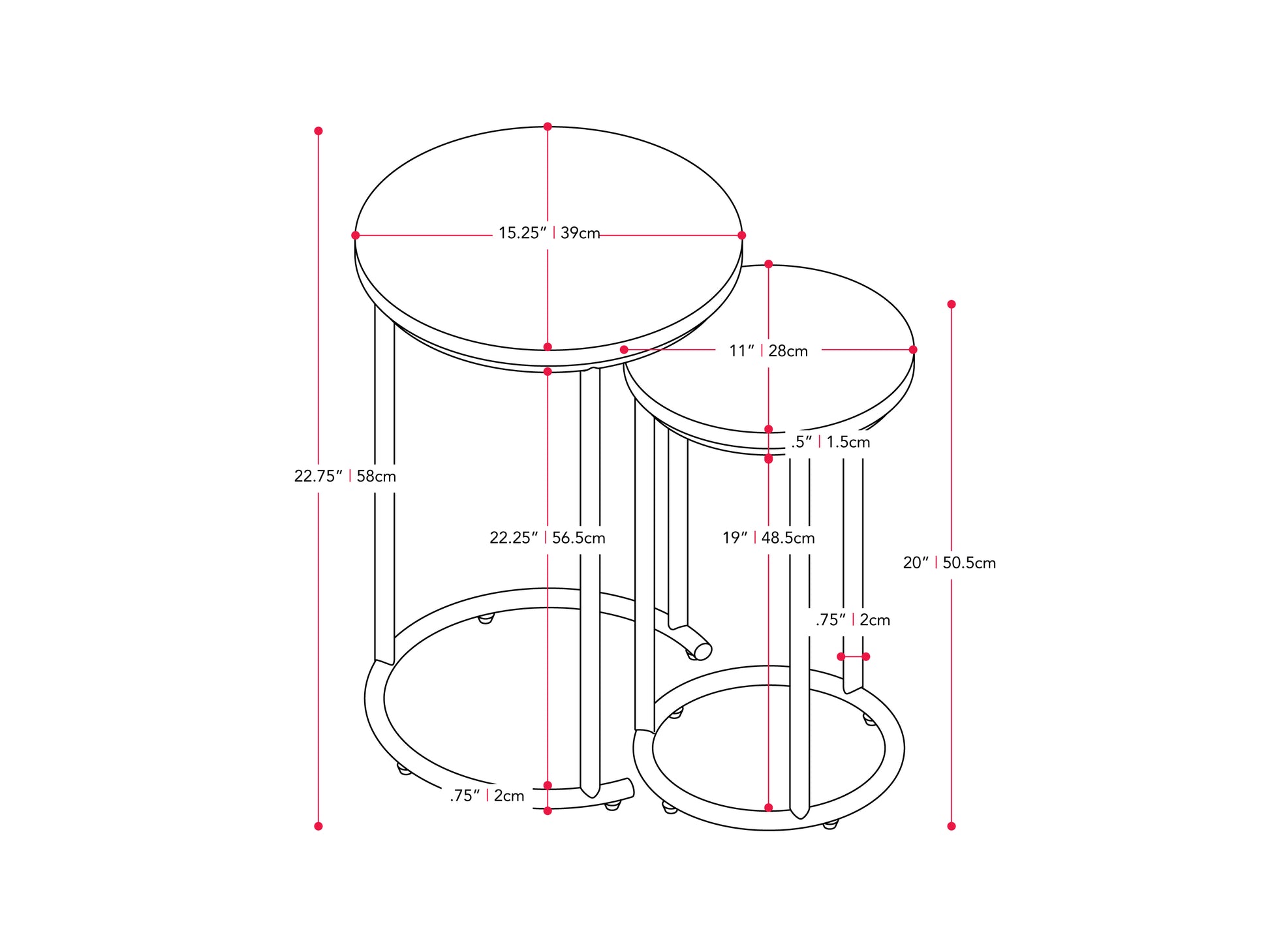 Round nesting side tables with a wood grain finish, black metal frames, and a minimalist design. Perfect for modern living rooms or bedrooms, these space-saving tables offer versatile functionality and a sleek aesthetic.