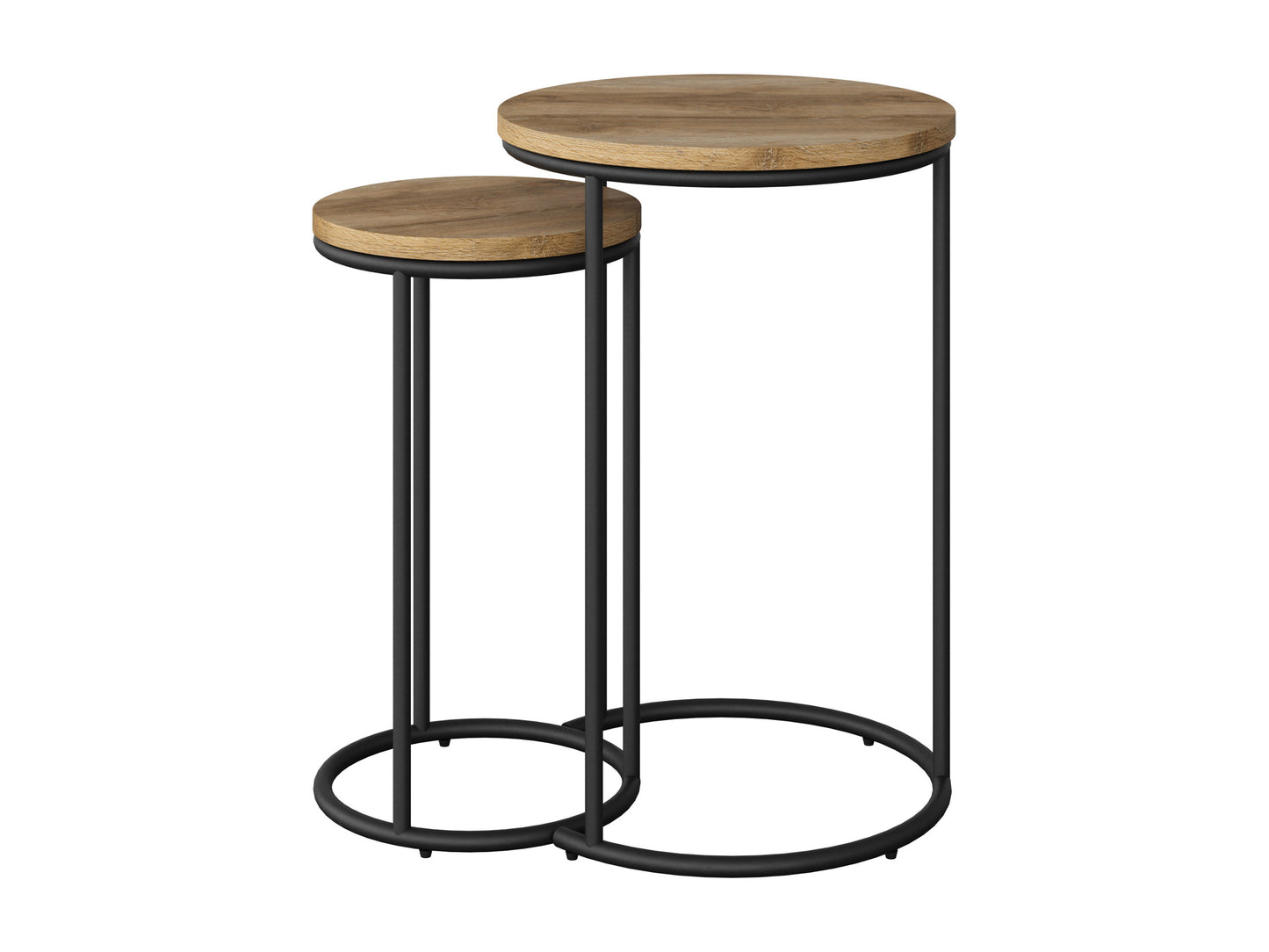 Round nesting side tables with a sleek black metal frame and a smooth wooden top, featuring a minimalist design perfect for modern living rooms or bedrooms.