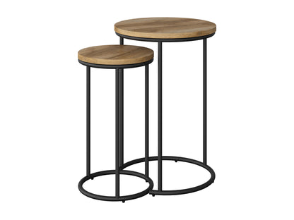 Modern round nesting side tables with a sleek black metal frame and a smooth, glossy wooden top. The set includes two tables of different sizes that can be stacked together, perfect for contemporary living spaces.