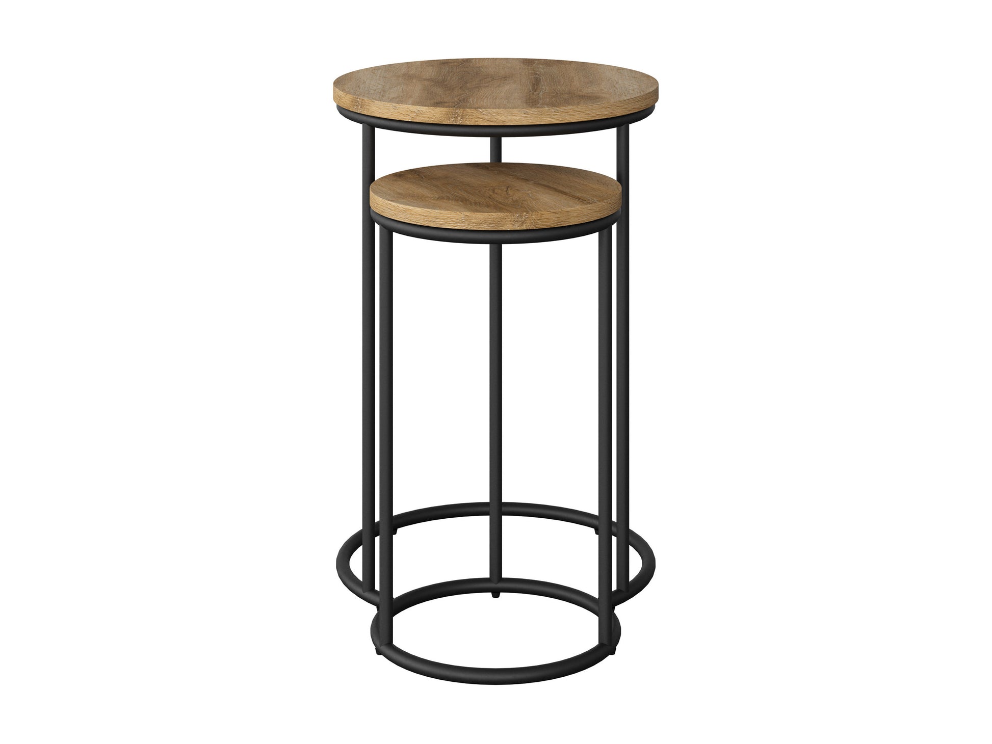 Modern round nesting side tables with sleek black metal frames and light wood tops, featuring a minimalist design perfect for contemporary living rooms or bedrooms.