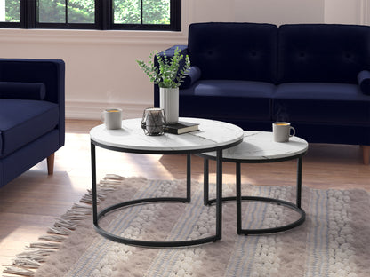 Round nesting coffee tables with a matte black metal frame and natural wood tops, featuring a sleek modern design with a smaller table that fits neatly under the larger one.