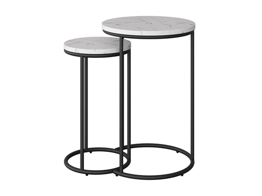 White marble round nesting side tables with gold metal frames, sleek modern design, and smooth polished surfaces, perfect for living room or bedroom decor.