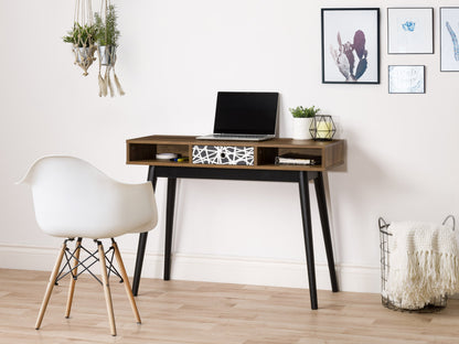 Mid-century modern desk featuring a brown wooden top and black metal legs, with sleek lines and minimalist design. Ideal for home office or study, combining functionality with stylish aesthetics.