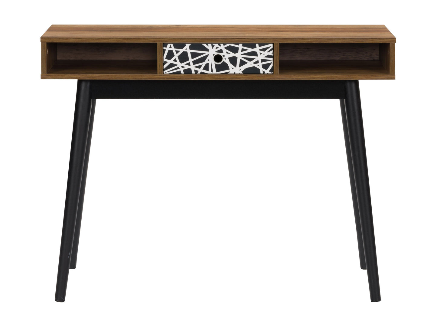 Mid-century modern desk featuring a brown wooden top and black metal legs, with sleek lines and minimalist design. Ideal for home office or study, combining functionality with stylish aesthetics.