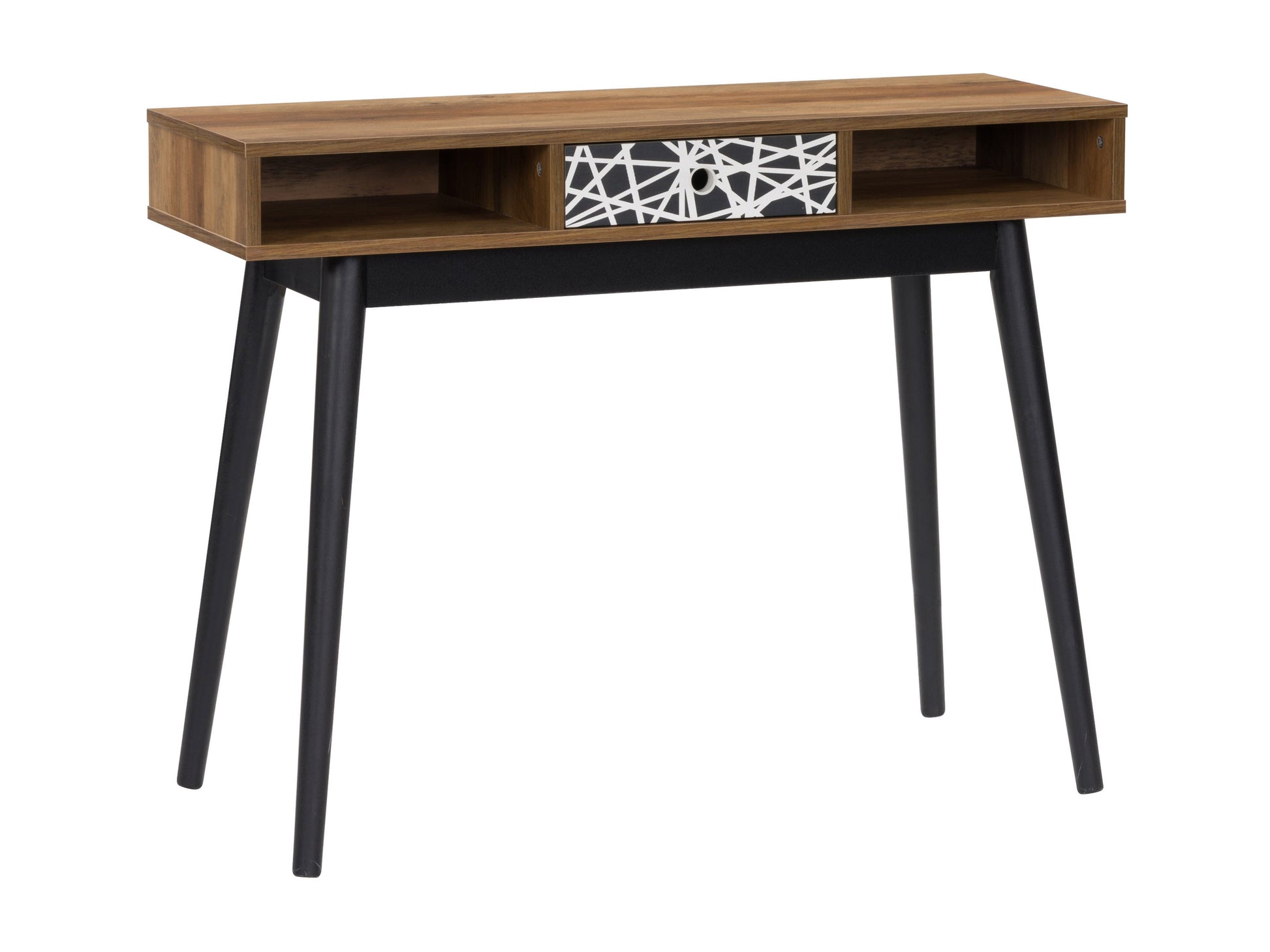 Mid-century modern desk featuring a brown wooden top and black metal legs, with sleek lines and minimalist design. Ideal for home office or study, combining functionality with stylish aesthetics.