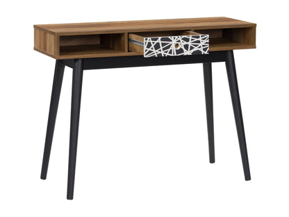 Mid-century modern desk featuring a brown wooden top and black metal legs, with sleek lines and minimalist design. Ideal for home office or study, combining functionality with stylish aesthetics.