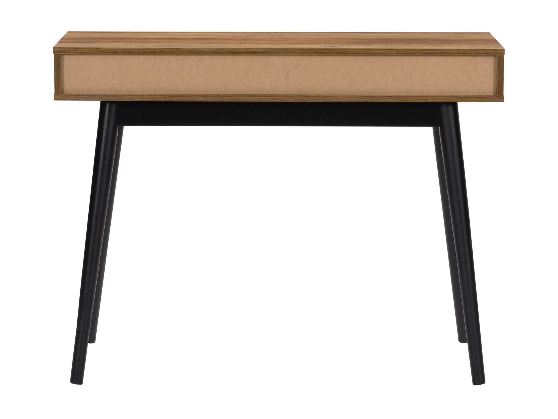 Mid-century modern desk featuring a brown wooden top and black metal legs, with sleek lines and minimalist design. Ideal for home office or study, combining functionality with stylish aesthetics.