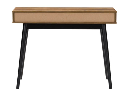 Mid-century modern desk featuring a brown wooden top and black metal legs, with sleek lines and minimalist design. Ideal for home office or study, combining functionality with stylish aesthetics.