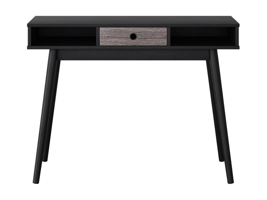 Mid-century black desk with sleek lines, wooden legs, and a smooth matte finish. Features two spacious drawers with minimalist handles, ideal for modern home offices or study spaces.