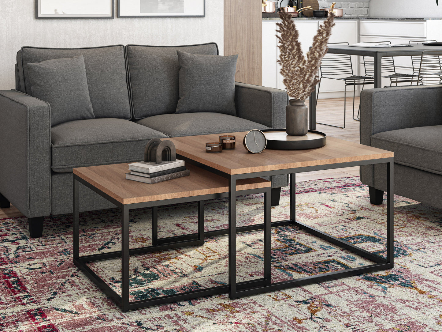 Brown wood square nesting coffee tables with sleek design, smooth finish, and sturdy metal legs, perfect for modern living rooms. Versatile and space-saving, ideal for small spaces or as stylish accent pieces.