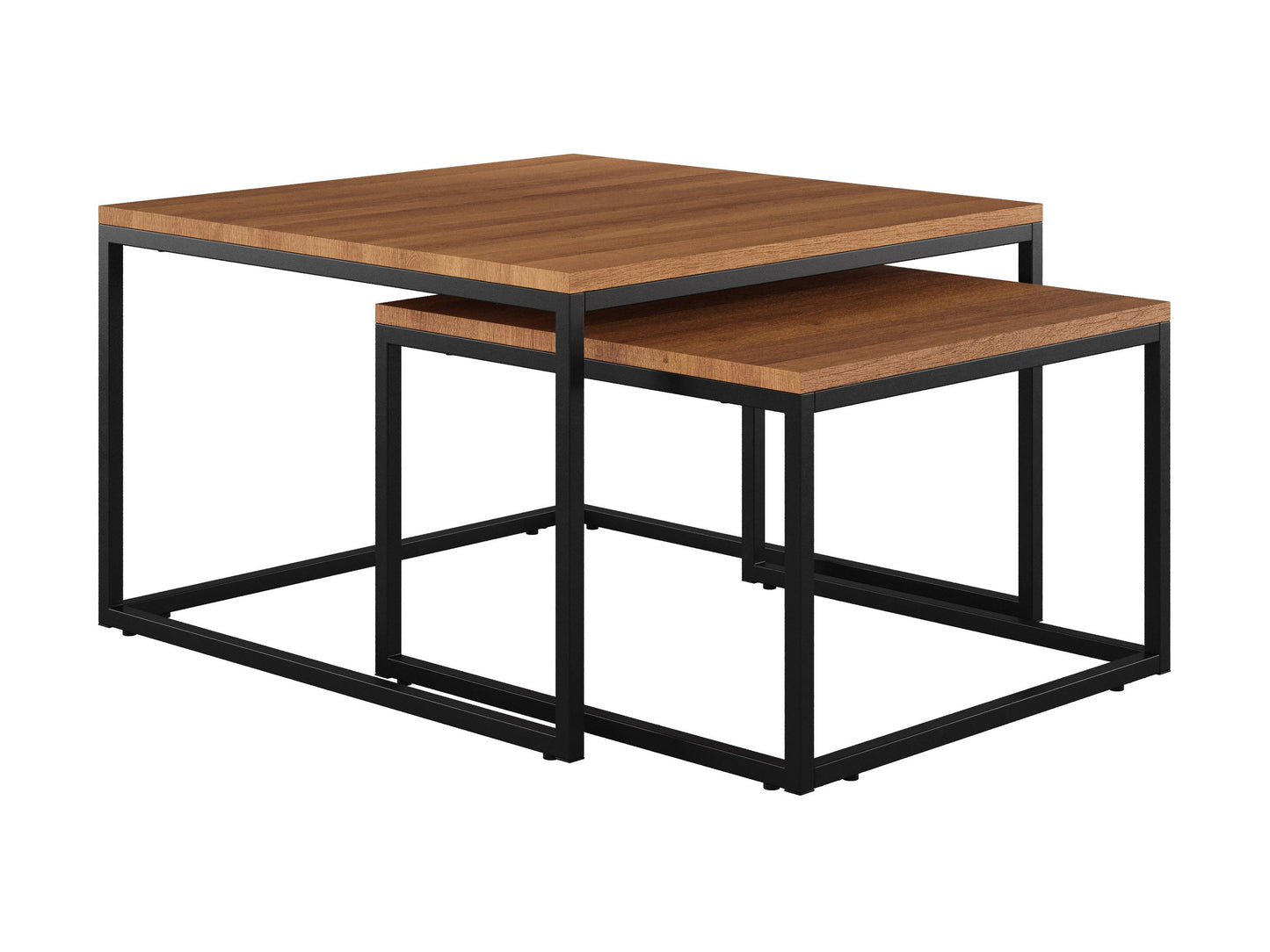 Brown wood square nesting coffee tables with sleek design, smooth finish, and sturdy metal legs, perfect for modern living rooms. Versatile and space-saving, ideal for small spaces or as stylish accent pieces.