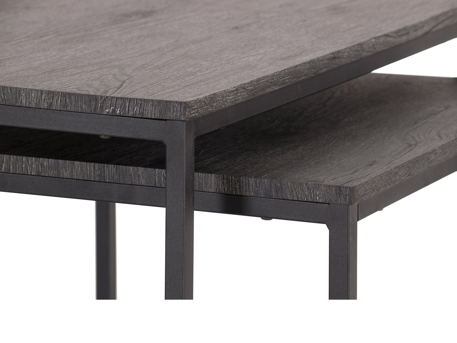 Two square nesting coffee tables with grey wood tops and black metal frames. The larger table has a smooth finish, while the smaller one fits neatly underneath, showcasing a space-saving design ideal for modern living rooms.