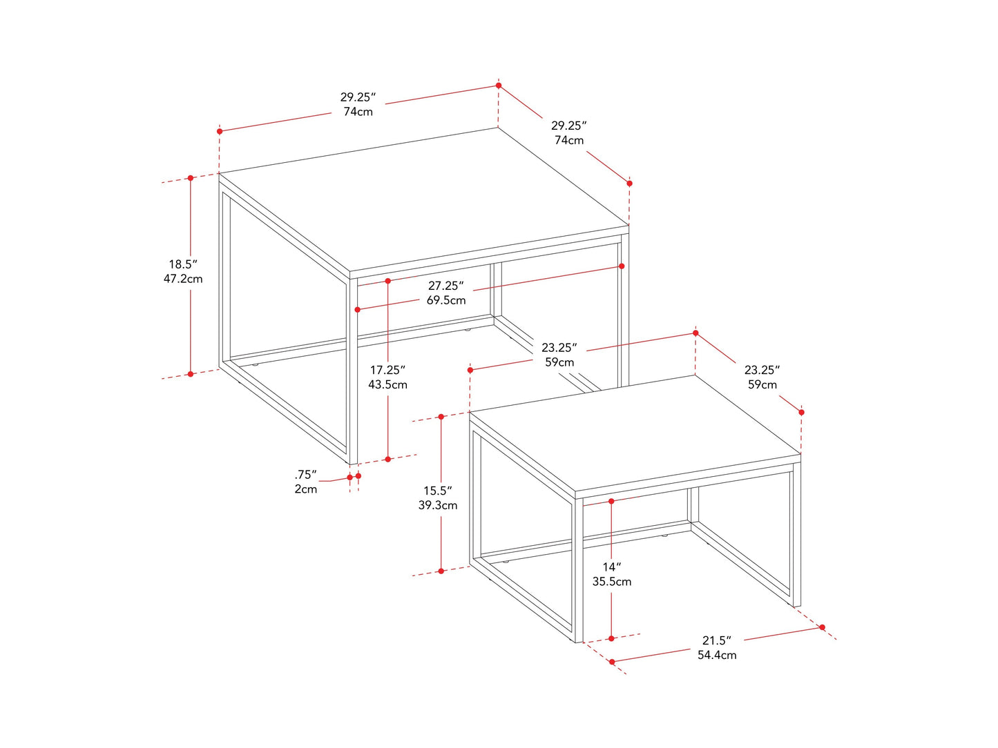 Two square nesting coffee tables with grey wood tops and black metal frames. The larger table has a smooth finish, while the smaller one fits neatly underneath, showcasing a space-saving design ideal for modern living rooms.