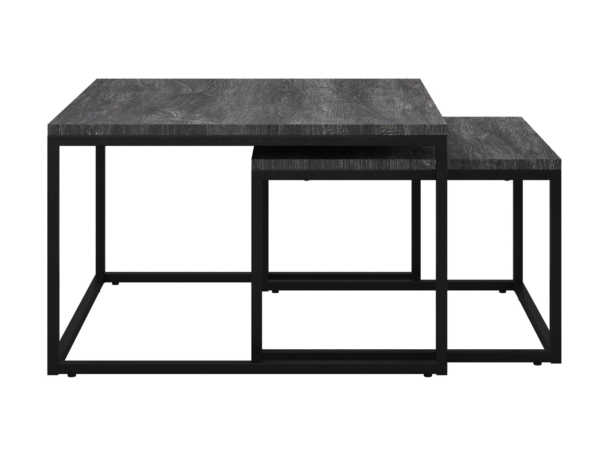 Two square nesting coffee tables with grey wood tops and black metal frames. The larger table has a smooth finish, while the smaller one fits neatly underneath, showcasing a space-saving design ideal for modern living rooms.