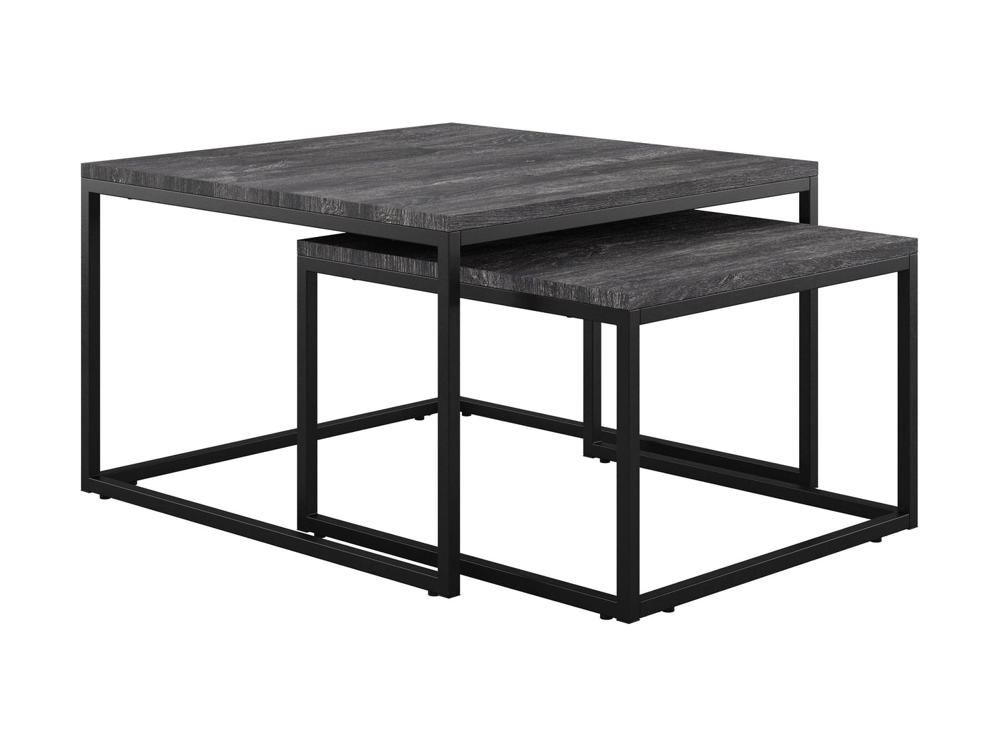 Two square nesting coffee tables with grey wood tops and black metal frames. The larger table has a smooth finish, while the smaller one fits neatly underneath, showcasing a space-saving design ideal for modern living rooms.