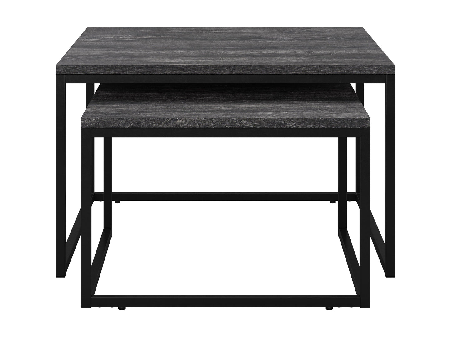 Two square nesting coffee tables with grey wood tops and black metal frames. The larger table has a smooth finish, while the smaller one fits neatly underneath, showcasing a space-saving design ideal for modern living rooms.