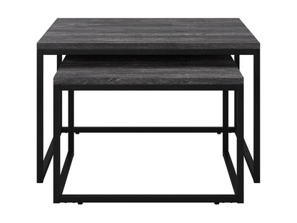 Two square nesting coffee tables with grey wood tops and black metal frames. The larger table has a smooth finish, while the smaller one fits neatly underneath, showcasing a space-saving design ideal for modern living rooms.