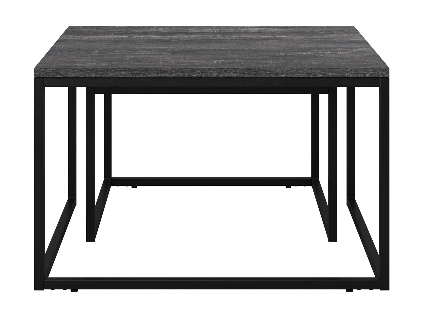 Two square nesting coffee tables with grey wood tops and black metal frames. The larger table has a smooth finish, while the smaller one fits neatly underneath, showcasing a space-saving design ideal for modern living rooms.