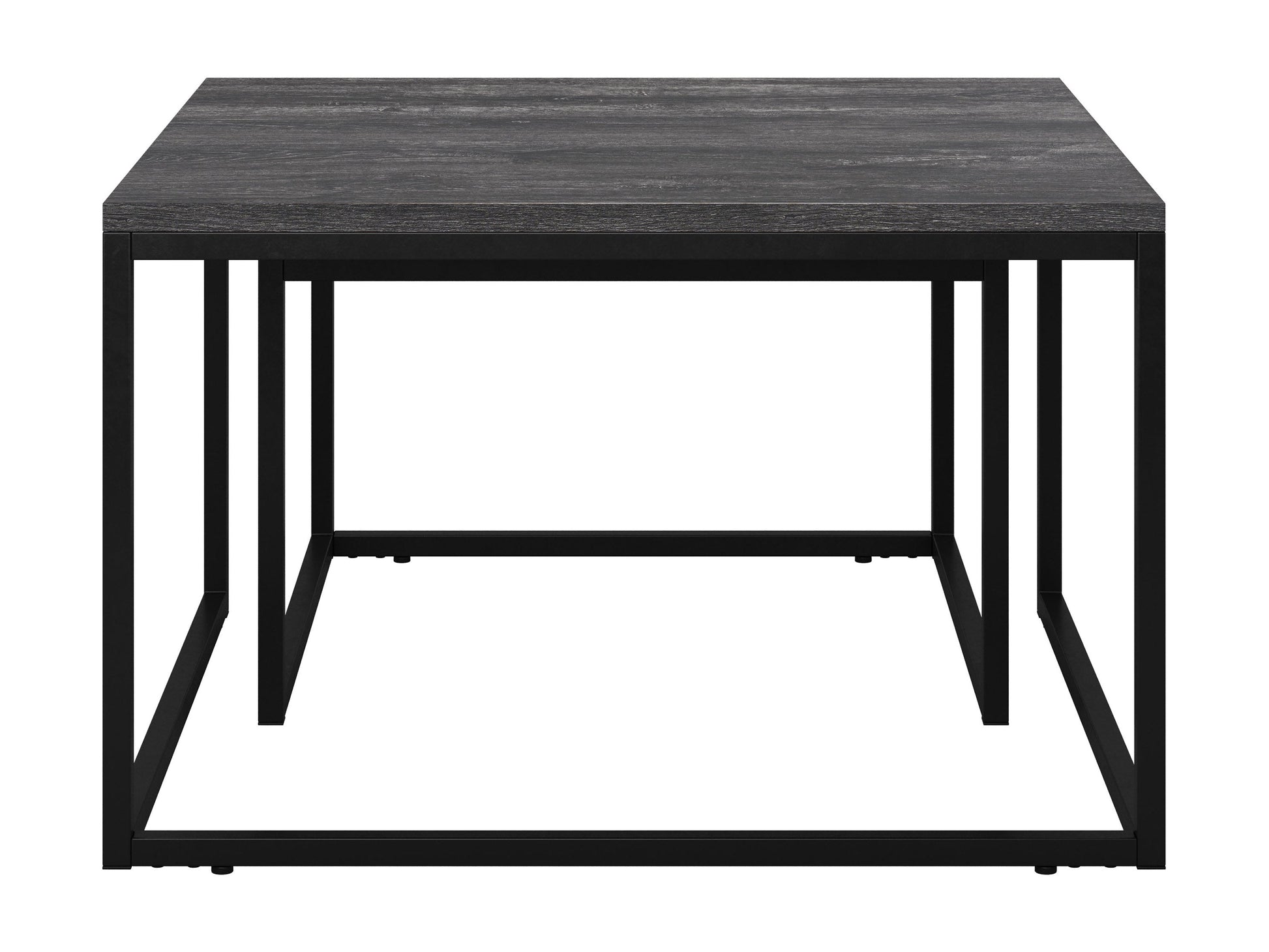 Two square nesting coffee tables with grey wood tops and black metal frames. The larger table has a smooth finish, while the smaller one fits neatly underneath, showcasing a space-saving design ideal for modern living rooms.