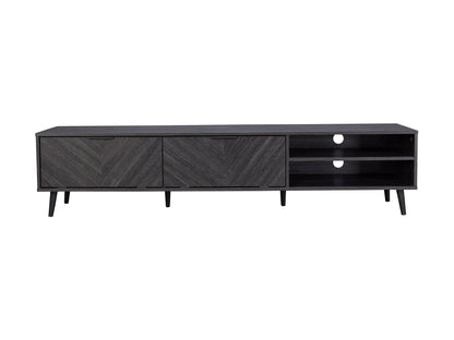 Grey TV stand for TVs up to 85 inches, featuring sleek modern design, durable wood construction, spacious shelves, and a smooth textured finish. Ideal for contemporary living rooms and media centers.