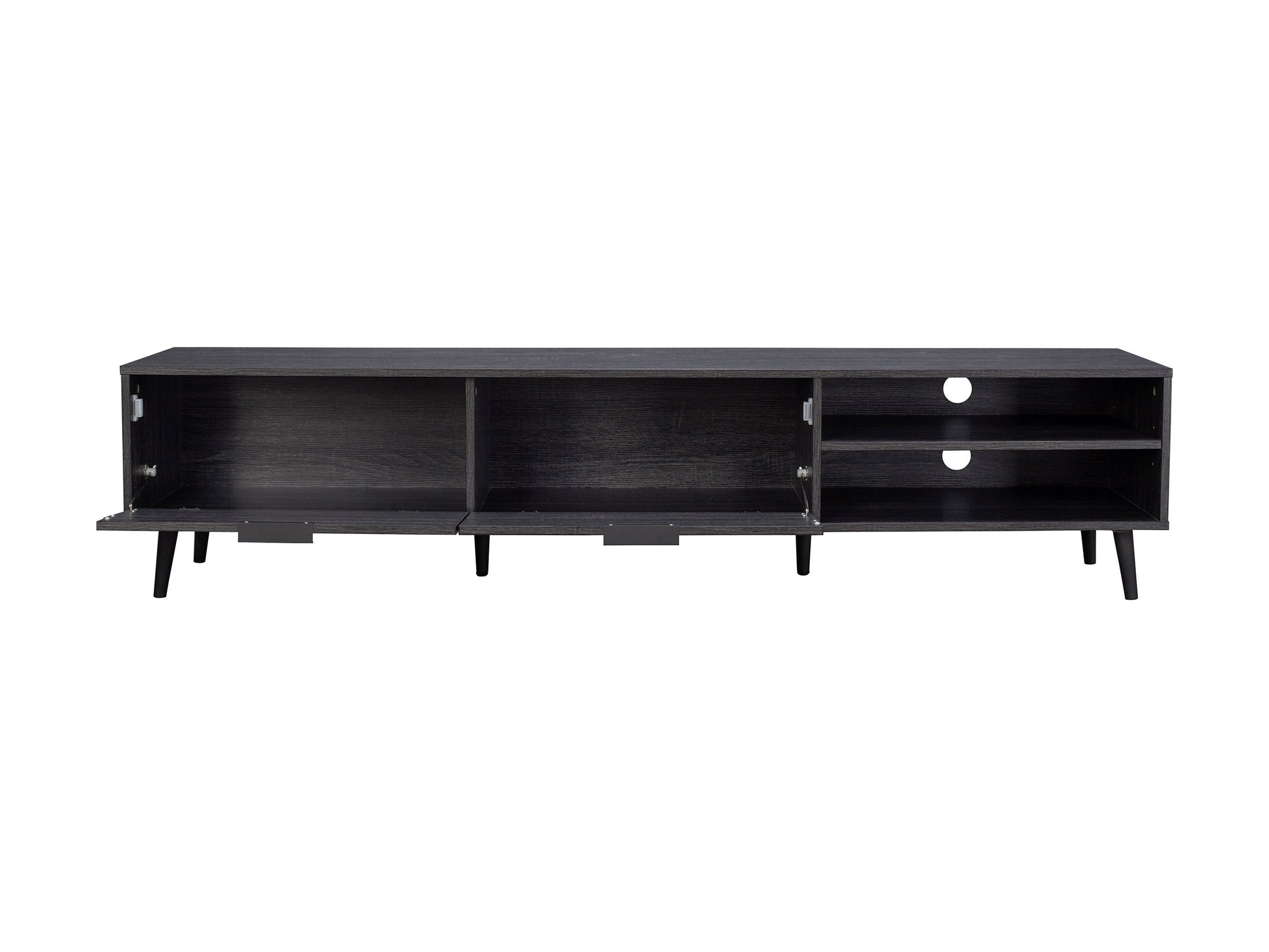 Sleek grey TV stand with a modern design, suitable for TVs up to 85 inches, featuring open shelves, two drawers, and a durable wooden finish.