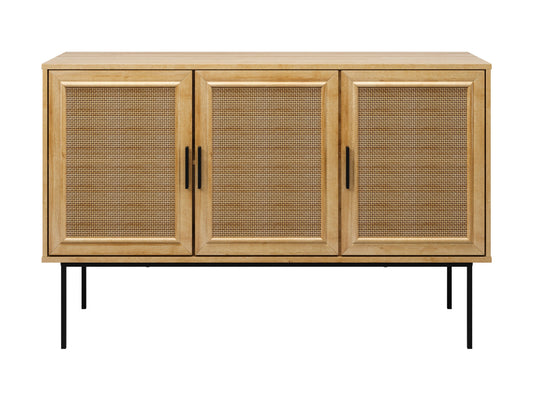 Light brown wood sideboard buffet with sleek design, featuring two cabinet doors and three drawers, metal handles, and a smooth finish. Ideal for modern dining rooms or living spaces.