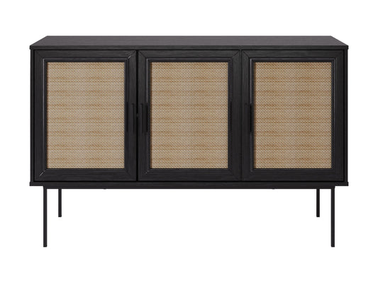 Black wood sideboard buffet with sleek handles, two doors, and three drawers. Features smooth finish, modern design, and ample storage space. Ideal for dining rooms or living spaces.