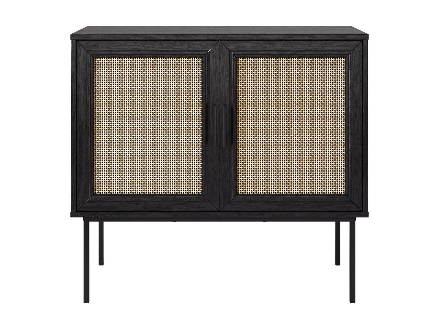 Black accent dining cabinet with sleek metal handles, featuring a modern design, two spacious drawers, and a textured wood finish. Ideal for stylish dining room storage and organization.