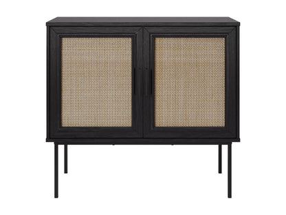 Black accent dining cabinet with sleek metal handles, featuring a modern design, two spacious drawers, and a textured wood finish. Ideal for stylish dining room storage and organization.