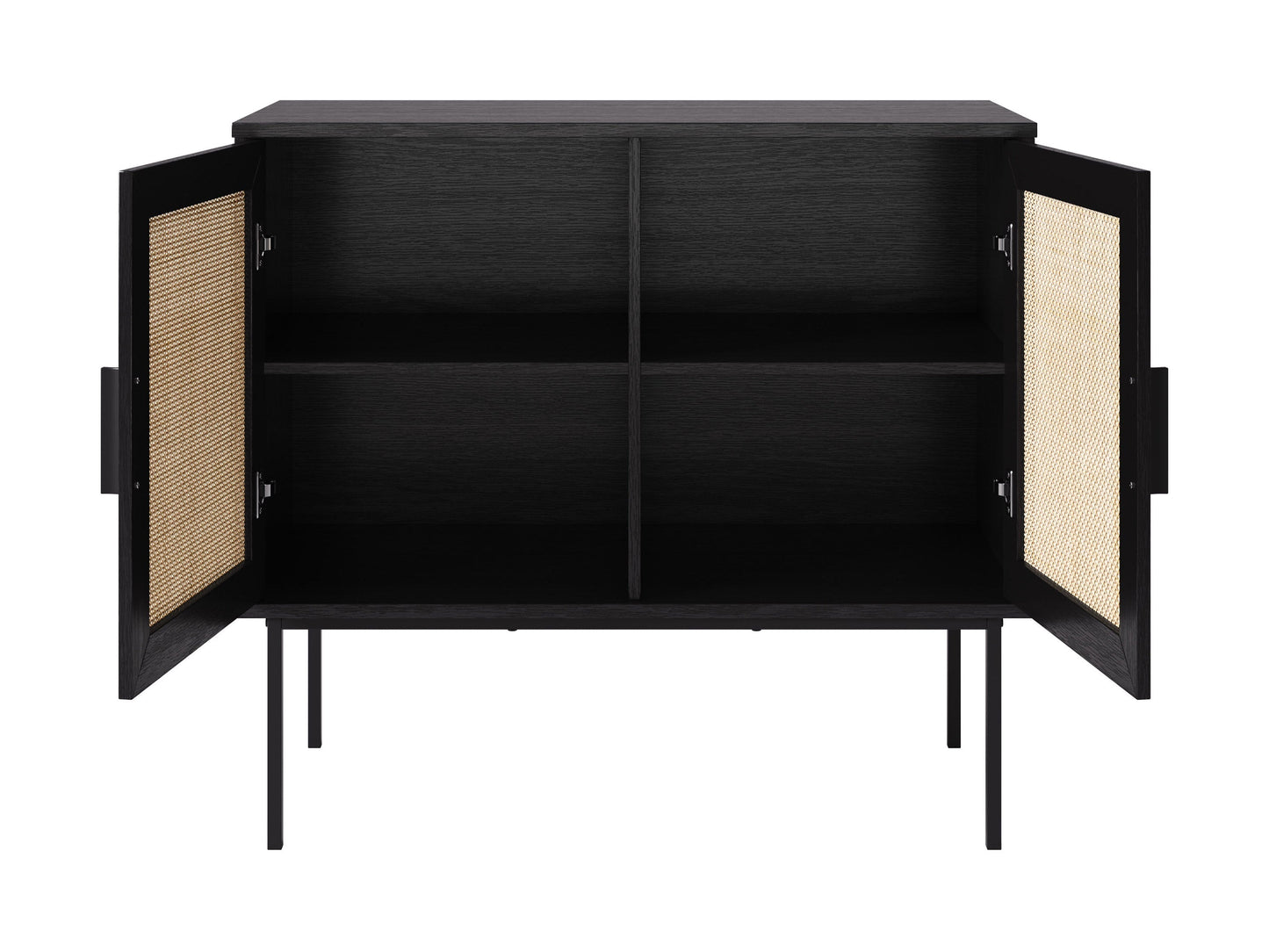 Black accent dining cabinet with sleek metal handles, featuring a modern design, two spacious drawers, and a textured wood finish. Ideal for stylish dining room storage and organization.