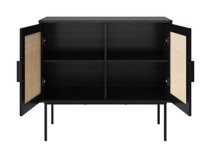 Black accent dining cabinet with sleek metal handles, featuring a modern design, two spacious drawers, and a textured wood finish. Ideal for stylish dining room storage and organization.