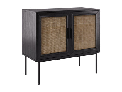 Black accent dining cabinet with sleek metal handles, featuring a modern design, two spacious drawers, and a textured wood finish. Ideal for stylish dining room storage and organization.