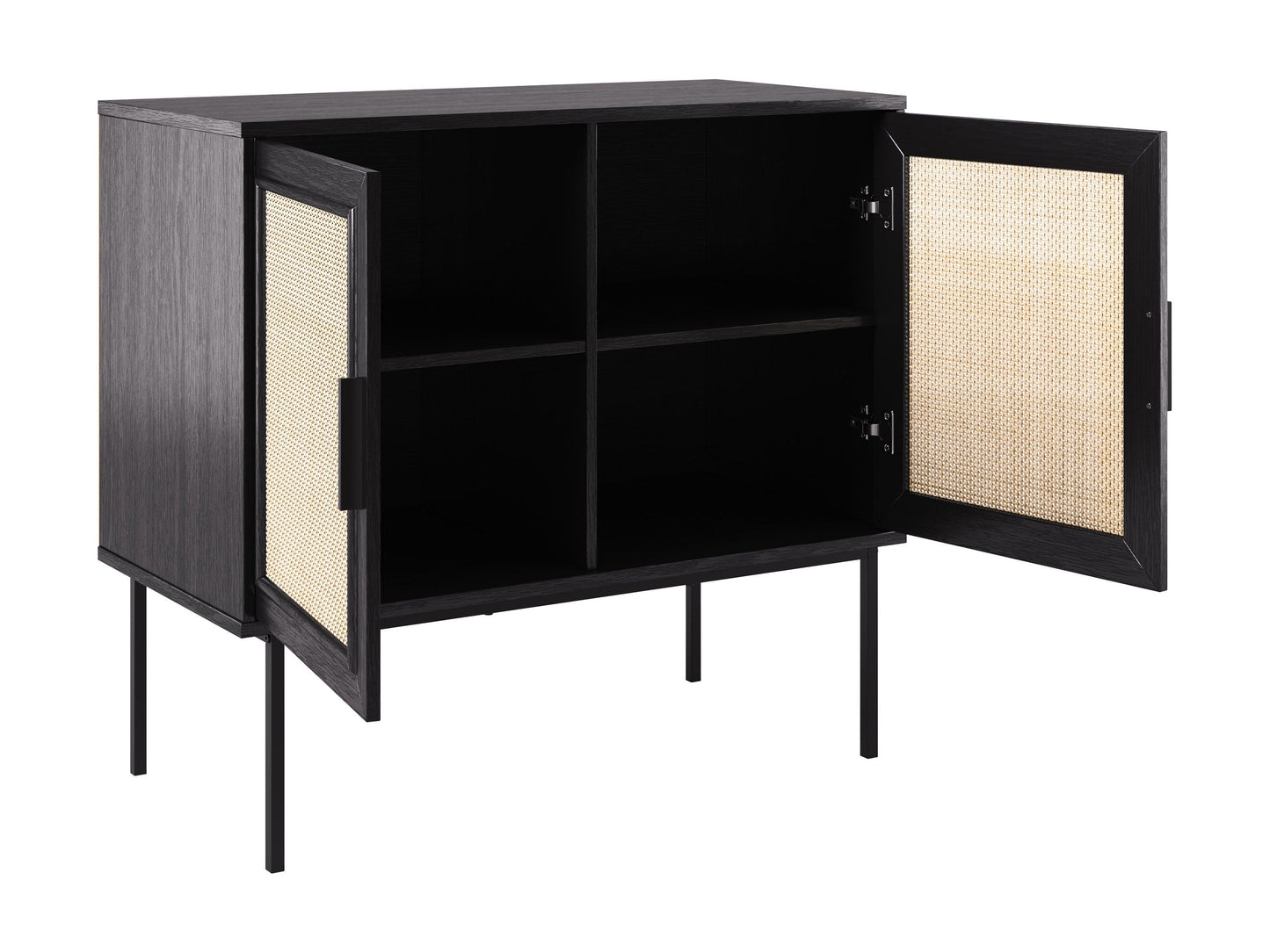 Black accent dining cabinet with sleek metal handles, featuring a modern design, two spacious drawers, and a textured wood finish. Ideal for stylish dining room storage and organization.